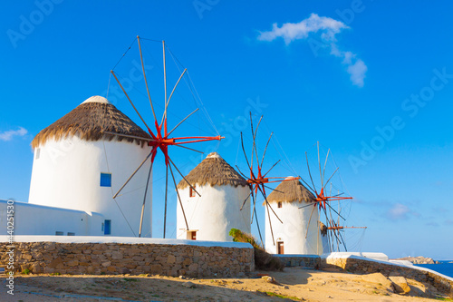 Windmills with blue sky Mykonos Island Greece Cyclades