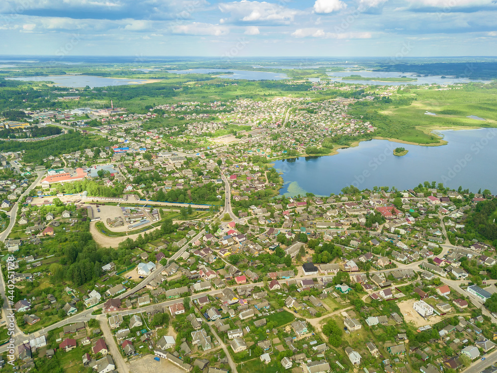 Drone view of the city of Braslav in Belarus with lakes on a sunny day