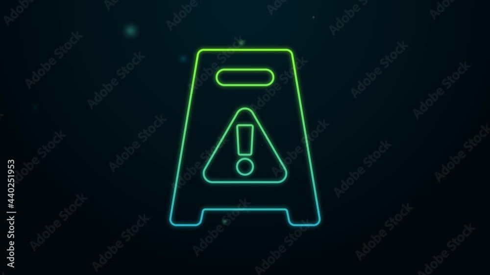 Glowing neon line Wet floor and cleaning in progress icon isolated on black background. Cleaning service concept. 4K Video motion graphic animation