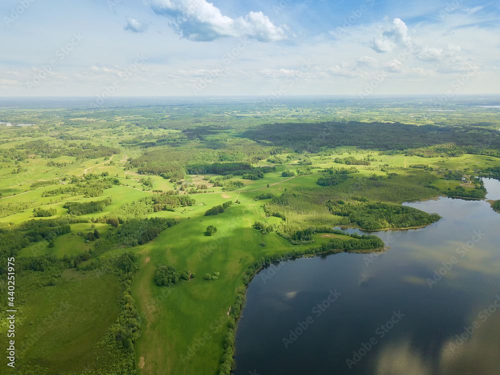 Beautiful landscape on the Braslav Lakes from a drone on a sunny day with a sky with clouds, Belarus Beautiful landscape on the Braslav Lakes from a drone on a sunny day with a sky with clouds, Belarus