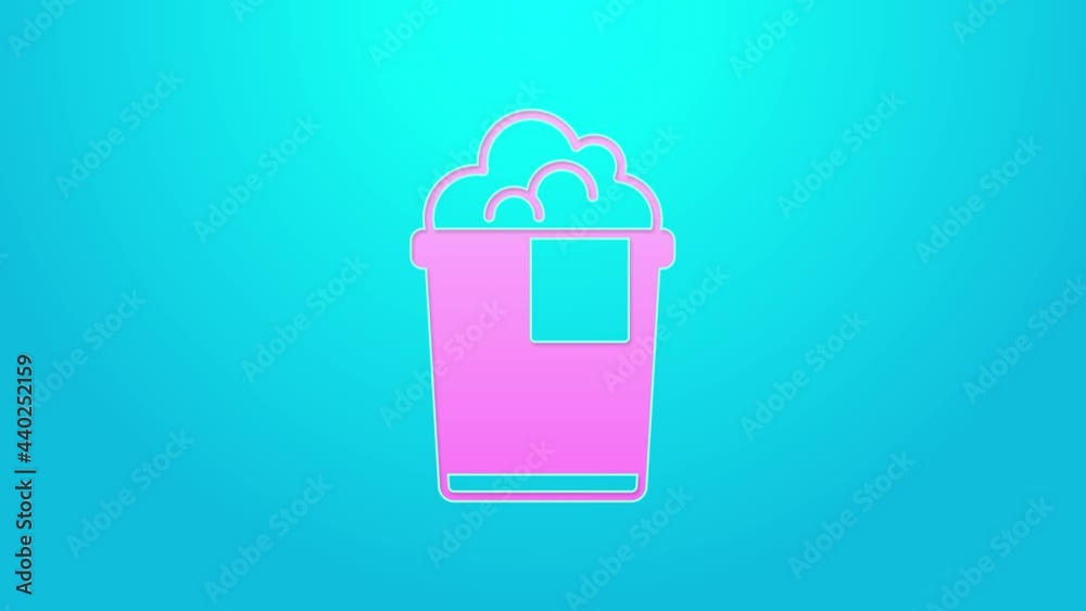 Pink line Bucket with foam and bubbles icon isolated on blue background. Cleaning service concept. 4K Video motion graphic animation Pink line Bucket with foam and bubbles icon isolated on blue background. Cleaning service concept. 4K Video motion graphic animation