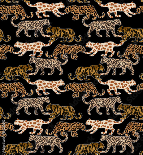 Photography Various Leopard Textured Wild Cats Walking Silhouettes Elegant Seamless Pattern