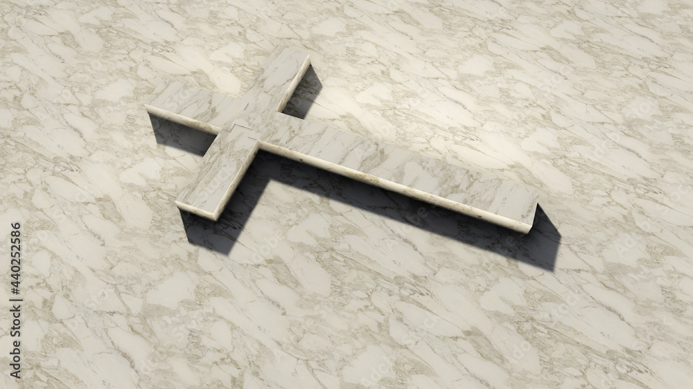 Concept or conceptual marble cross on a pattern white marble background. 3d illustration metaphor for God, Christ, Christianity, religious, faith, holy, spiritual, Jesus, belief or resurection