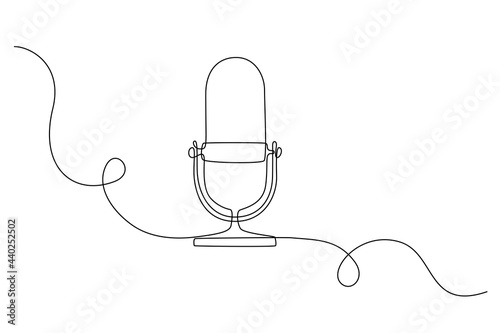 Continuous one line drawing podcast microphone. Vintage old mike in simple thin linear style for web banner. Editable stroke. Horizontal Vector illustration