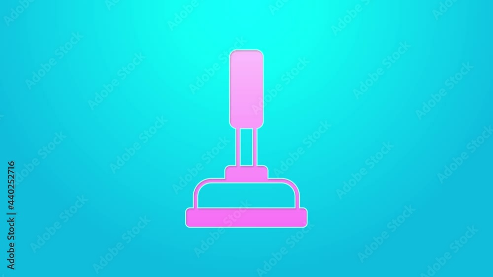 Pink line Rubber plunger with wooden handle for pipe cleaning icon isolated on blue background. Toilet plunger. 4K Video motion graphic animation
