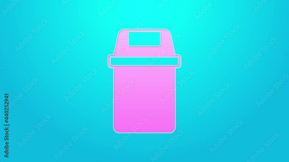 Pink line Trash can icon isolated on blue background. Garbage bin sign. Recycle basket icon. Office trash icon. 4K Video motion graphic animation
