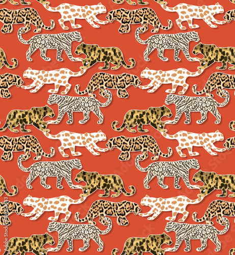 Photography Various Leopard Textured Wild Cats Walking Silhouettes Elegant Seamless Pattern