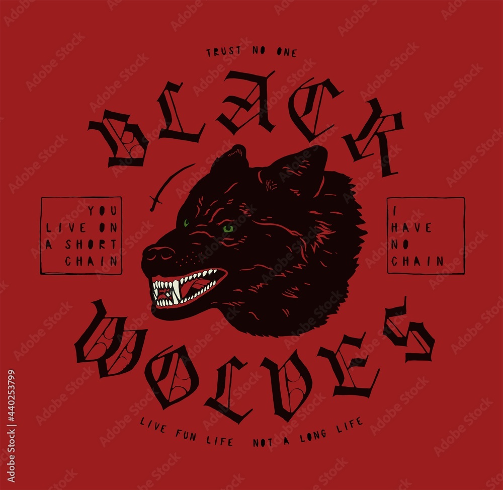 Fototapeta Black wolves free wild animal street style vintage gothic typography t-shirt print. angry wolf head vector illustration