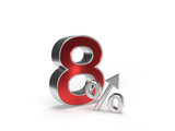 Digit or number eight and percent with an arrow up on a white background.
