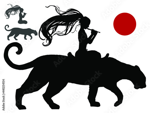 The black silhouette of a young flute girl traveling in a lotus position astride a huge leopard with a hooked tail, she plays a muse, her hair fluttering in the wind. 2d illustration