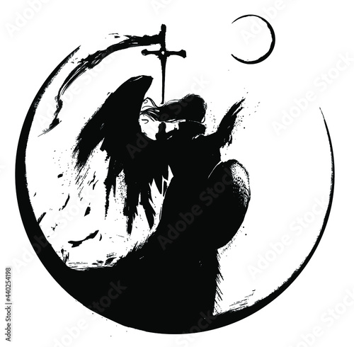 A black silhouette of an angel knight with a ragged wing, she stands with a shield and a high cross on which a ragged flak flutters, feathers falling from it, his long hair swaying in the wind. 2d
