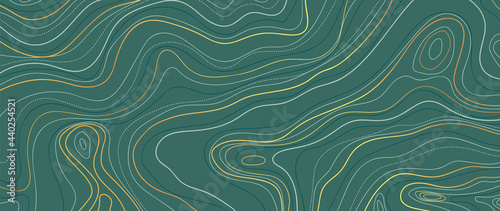 Luxury gold abstract line art background vector.  Mountain topographic map background with golden lines  texture, 17:9 wallpaper design for wall arts, fabric , packaging , web, banner, app, wallpaper.