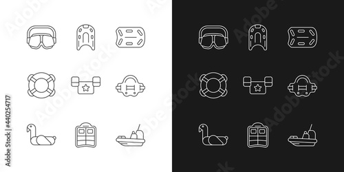 Swimming lessons linear icons set for dark and light mode. Flotation aid. Puddle jumper. Eyes protection. Customizable thin line symbols. Isolated vector outline illustrations. Editable stroke