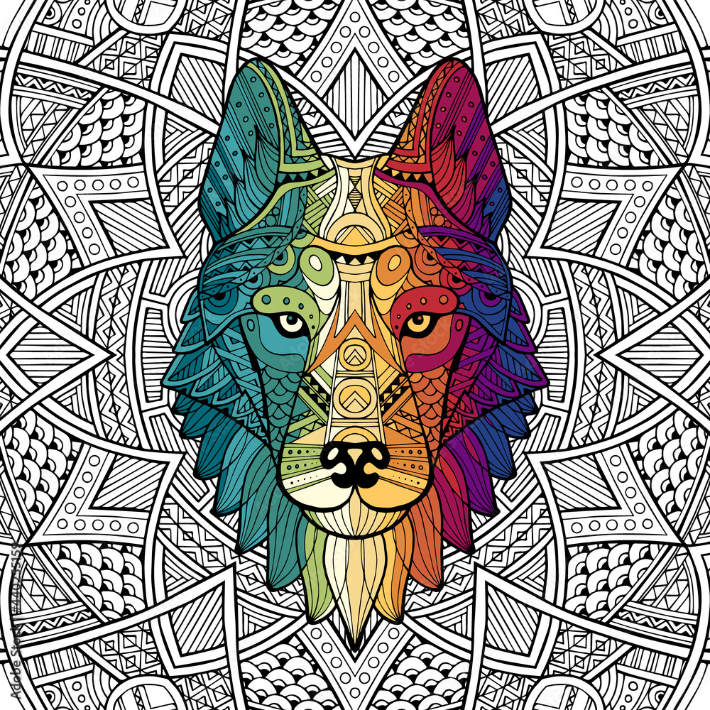 Patterned head wolf, husky, dog. Abstract ethnic image of the head of a wolf with ornament. Colorful ornament painted by hand. Animal in ethnic style for printing. Indian, Mexican motifs. Vector 