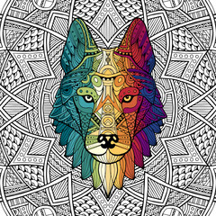 Foto auf Leinwand Mandala Patterned head wolf, husky, dog. Abstract ethnic image of the head of a wolf with ornament. Colorful ornament painted by hand. Animal in ethnic style for printing. Indian, Mexican motifs.   © Yurii
