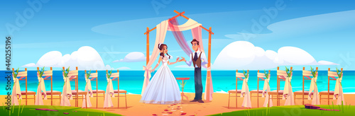Beach wedding ceremony with newlywed couple, floral arch and chairs on sea shore. Vector cartoon landscape of tropical ocean coast with decoration for marriage celebration, bride and groom
