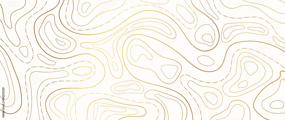 Luxury gold abstract line art background vector.  Mountain topographic map background with golden lines  texture, 17:9 wallpaper design for wall arts, fabric , packaging , web, banner, app, wallpaper. - obrazy, fototapety, plakaty 