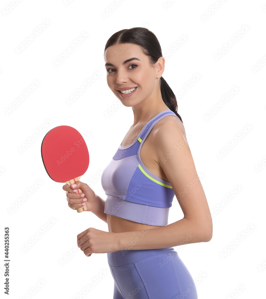 Beautiful young woman with table tennis racket on white background. Ping pong player Beautiful young woman with table tennis racket on white background. Ping pong player