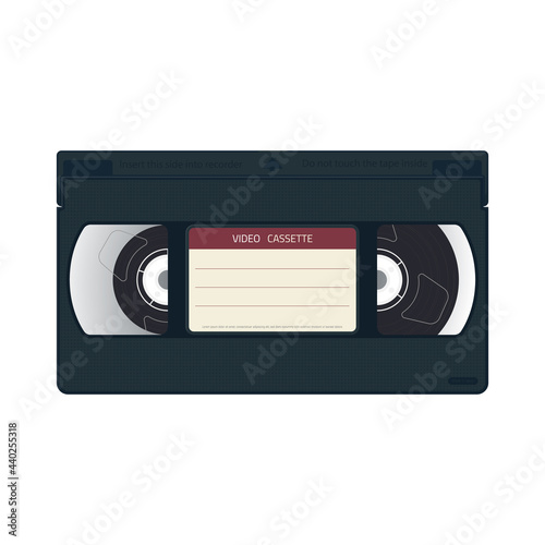 Retro style realistic video cassette front side with label. VHS cassette realistic case design. Film and movie from 90s concept. Cinema poster and template.