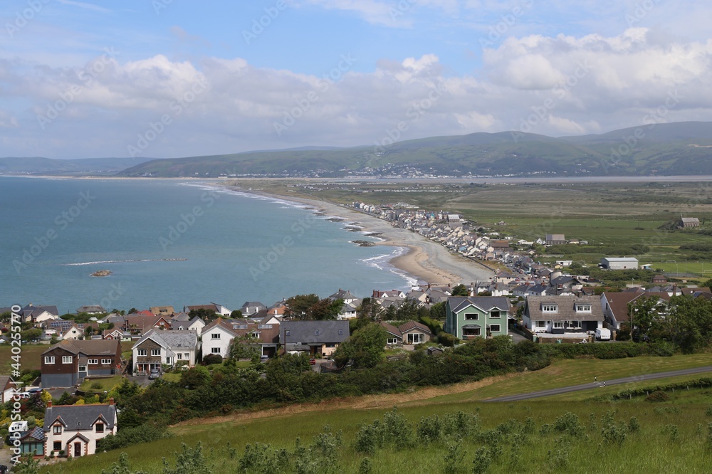 An aerial view over the village of Borth in Ceredigion, Wales, UK.