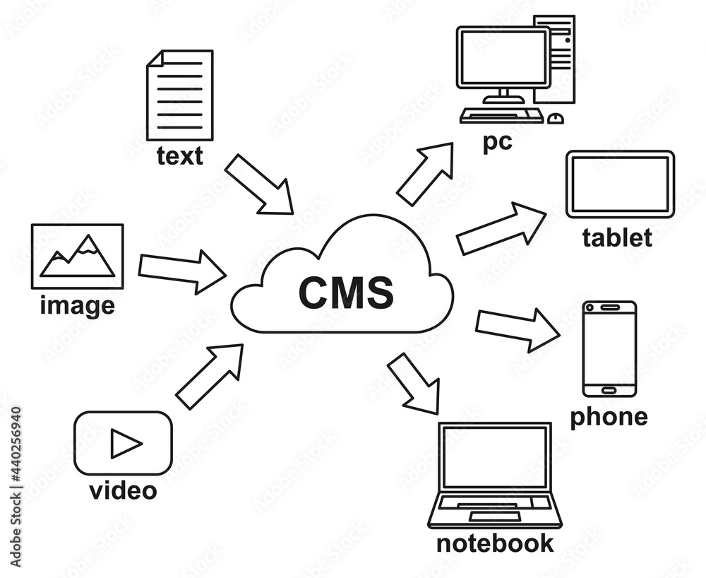 Obraz premium Line art black and white CMS cloud database infographic