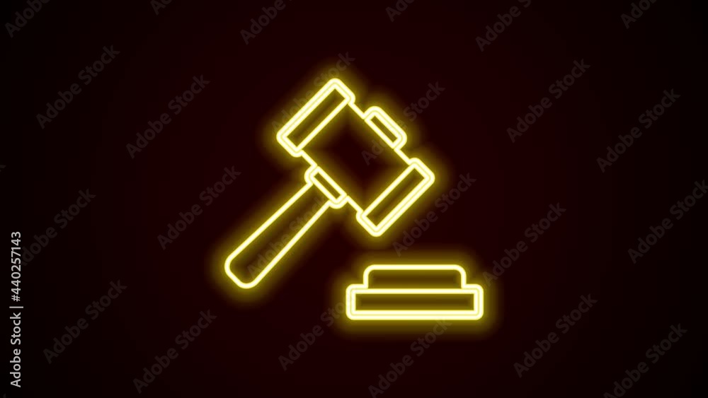 Glowing neon line Judge gavel icon isolated on black background. Gavel for adjudication of sentences and bills, court, justice. Auction hammer. 4K Video motion graphic animation