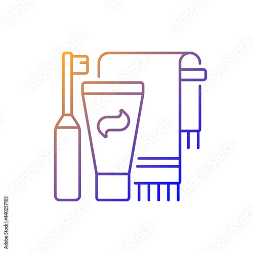 Brushing teeth gradient linear vector icon. Toothpaste and paste in bathroom. Everyday bath routine. Thin line color symbols. Modern style pictogram. Vector isolated outline drawing