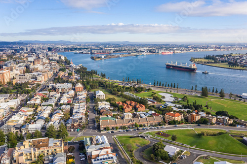Newcastle Harbour- NSW Australia - Aerial View with ship entering port
