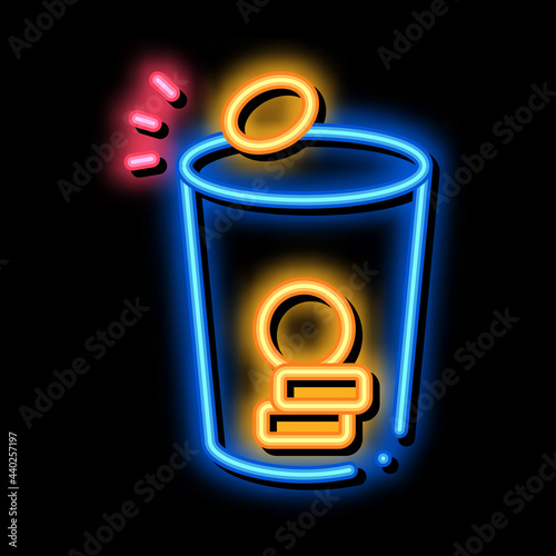 coins in cup neon light sign vector. Glowing bright icon coins in cup sign. transparent symbol illustration