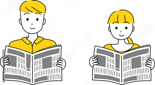新聞を読む男性と女性　セット