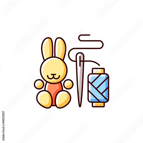 Handmade toys RGB color icon. Amigurumi bunny. Handcrafted pieces for children and toddlers. Plush rabbit. Isolated vector illustration. Toys from recycled materials simple filled line drawing