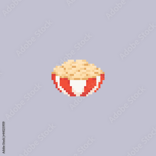 Pixel art mashed potato icon. Cute retro icon of mashed potato for game assets, print, app, sticker, web design, fabric, paper, decoration. Pixel vector puree in a deep plate in illustration.