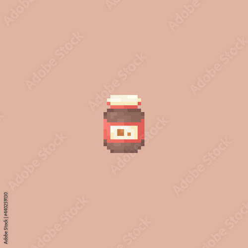 Pixel art nut chocolate cream jar. Cute retro icon of sweet nut cream  for game assets, print, app, sticker, web design, fabric, paper, decoration. Cute Pixel Vector chocolate cream jar illustration