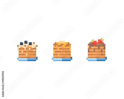 Pixel art pancakes set. Pixel set of pancakes with strawberry, cream, chocolate and butter. Cute retro icon of pancakes on plate for game assets, print, app, sticker, web design, fabric, paper. Vector