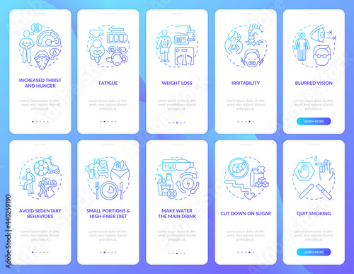 Diabetes onboarding mobile app page screen set. Disease prevention walkthrough 5 steps graphic instructions with concepts. UI, UX, GUI vector template with linear color illustrations