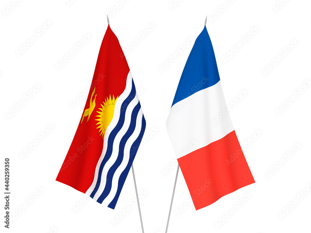 National fabric flags of France and Republic of Kiribati isolated on white background. 3d rendering illustration.