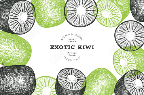 Hand drawn sketch style kiwi banner. Organic fresh fruit vector illustration. Retro kiwi fruit design template