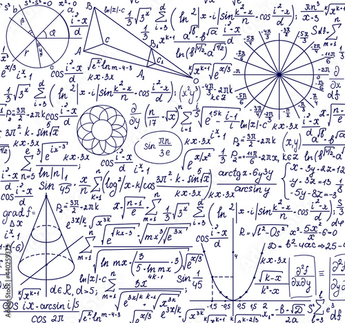 Scientific vector seamless pattern with handwritten technical formulas, physics and math equations and figures	
