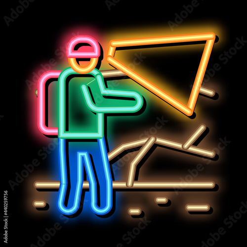 human in cave neon light sign vector. Glowing bright icon human in cave sign. transparent symbol illustration