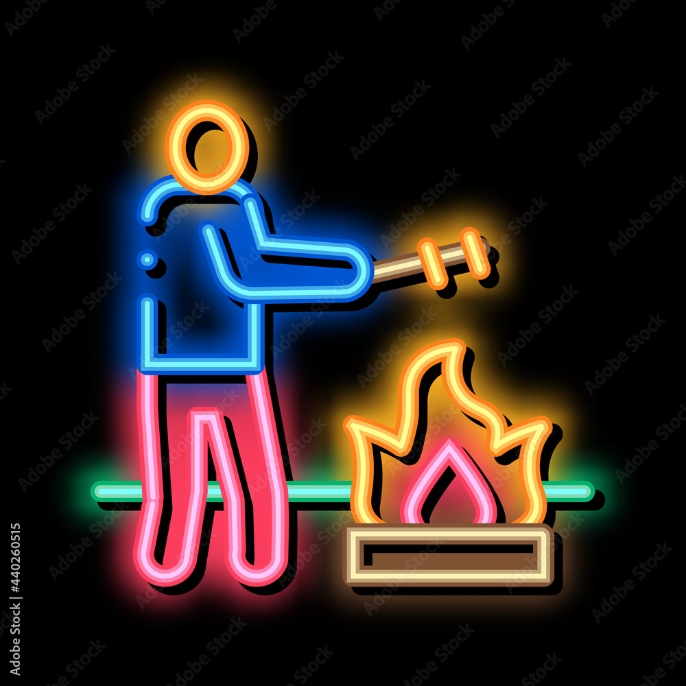 human cooking on camp fire neon light sign vector. Glowing bright icon human cooking on camp fire sign. transparent symbol illustration