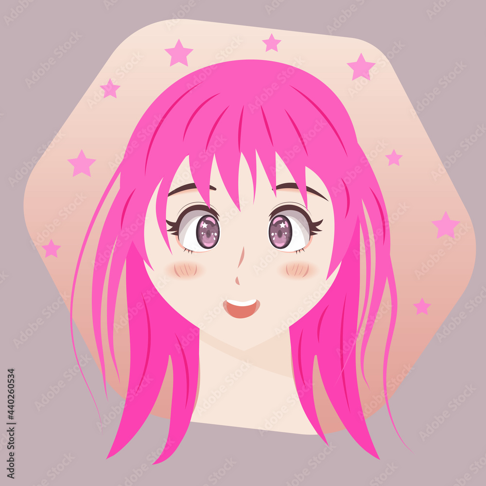 Joy, love, positive emotions. Anime girl with pink hair smiling. Girl on a background with stars. Joy, love, positive emotions. Anime girl with pink hair smiling. Girl on a background with stars.