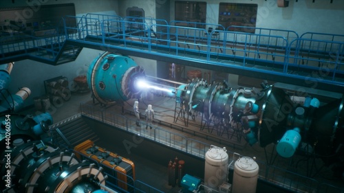 Tableau sur toile Scientists watch the work of a time machine or a futuristic thermonuclear reactor