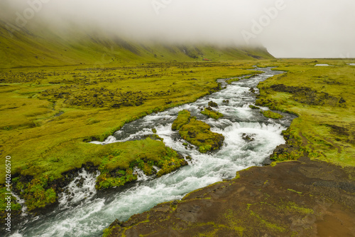 Aerial view of Iceland landscape over the Foss river. Scandinavian amazing nature.