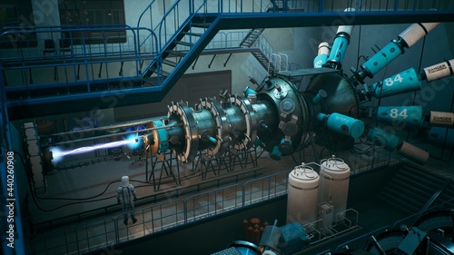 Картината върху платно Scientists watch the work of a time machine or a futuristic thermonuclear reactor