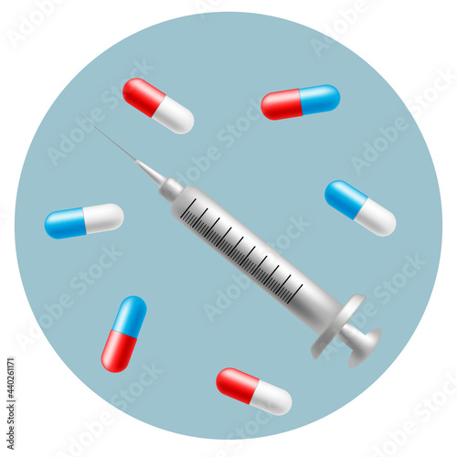 Syringe and pills. Pharmacy and drug symbols. Medical illustration on white background.