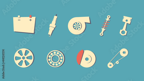 Set auto spare parts for car repair and service. Pictogram.Shock absorber.Electrical, engine, auto body parts. Headlights. Turbine. Spark plug.Brake.Battery. Colorful flat vector illustration isolated