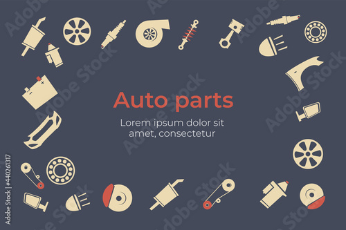 Auto spare parts banner, set car spare for car repair and service.Shock absorber.Electrical,engine,auto body. Headlights.Turbine. Spark plug. Brake. Battery. Colorful flat vector illustration isolated