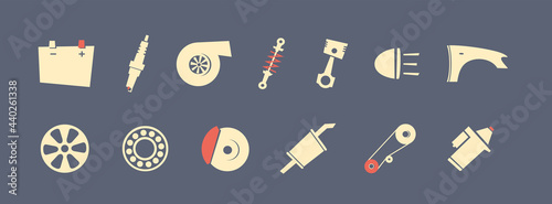 Set auto spare parts for car repair and service. Pictogram.Shock absorber.Electrical, engine, auto body parts. Headlights. Turbine. Spark plug.Brake.Battery. Colorful flat vector illustration isolated