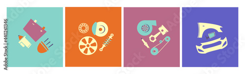 Auto parts set banner, car spare for car repair and service. Shock absorber. Electrical, engine, auto body. Headlights. Turbine. Spark plug. Brake. Battery. Colorful flat vector illustration isolated  photo