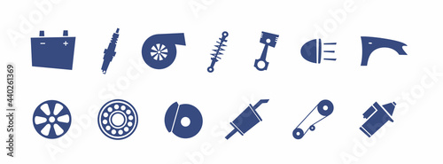 SVG set auto spare parts for car repair and service. Electrical, engine, auto body parts. Spark plug. Battery. Colorful flat isolated templates vector illustration for plotter and laser cutting. 